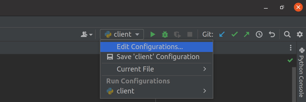 PyCharm edit config menu